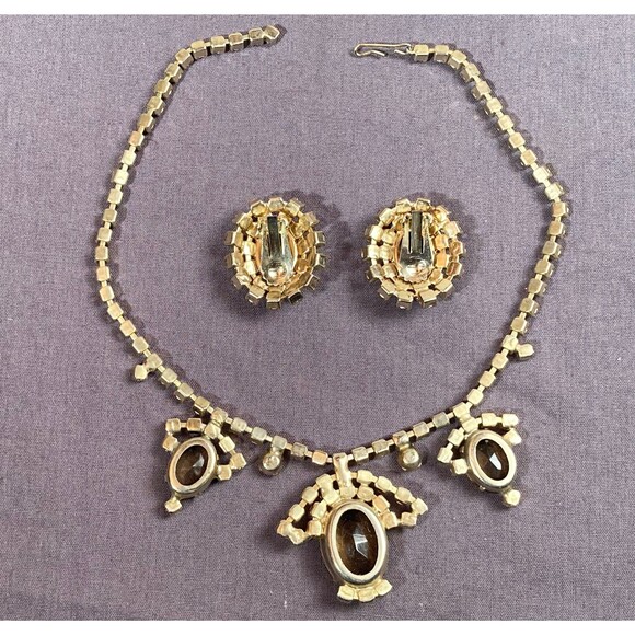 Vintage 60s Rhinestone Necklace & Clip On Earrings Set 1960s Dramatic Jewelry - Picture 3 of 3